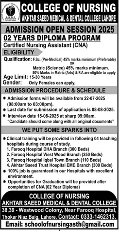 Admission Open in College of Nursing Lahore